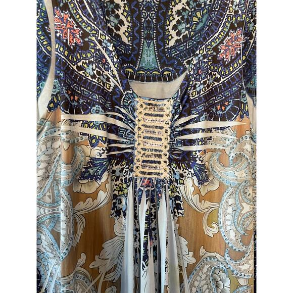 One World Live & Let Live Embroidered Printed Boho Blue Handkerchief Hem Tank M - Picture 11 of 13